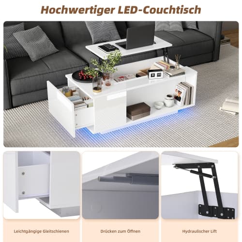 Höj- och sänkbart soffbord vitt (100x50x40cm) - med LED-ljus, låda & dolt förvaringsutrymme White