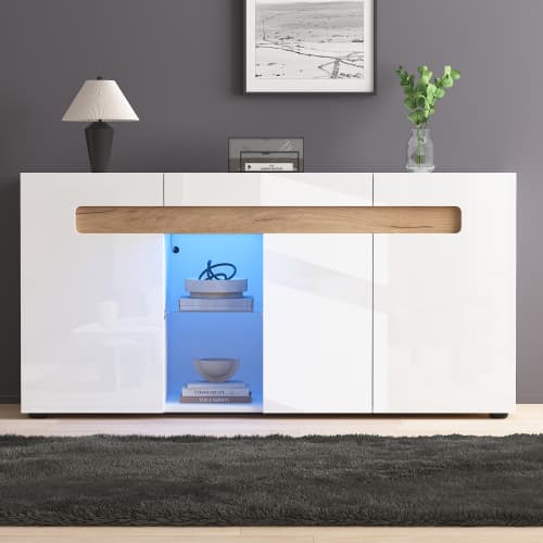 Modern 3-dörrars skänk 140x40x70 cm - Med LED-appstyrning, högblank vit & glasgolv, vardagsrumsskåp White
