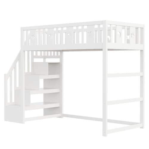 Vit våningssäng 90x200 cm för barn - massivt trä högsäng med trappor, säkerhetsräcken & stjärn-måne dekor White