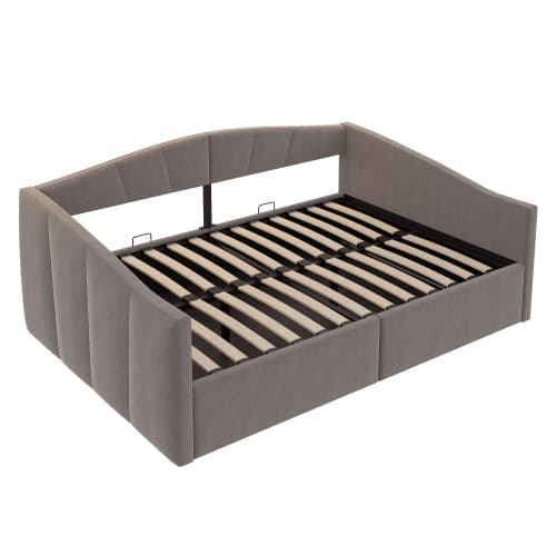 Soffa med bäddfunktion 140x200 cm med hydraulisk förvaring, ribbor & sammetsöverdrag – grårandig optik, platsbesparande & mysig! Grey