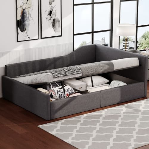 Vadderad dagsbädd 140x200cm grå – Med praktisk förvaring under sängen, modern bäddsoffa med komfortfunktioner Gray