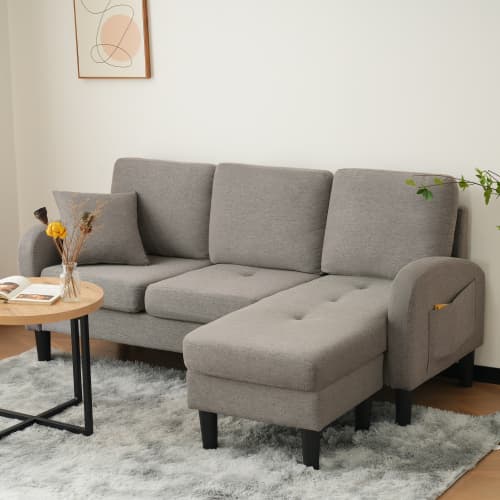 L-formad hörnsoffa med schäslong – modern 3-sitssoffa i bomullslinne som andas Antique Dark Grey