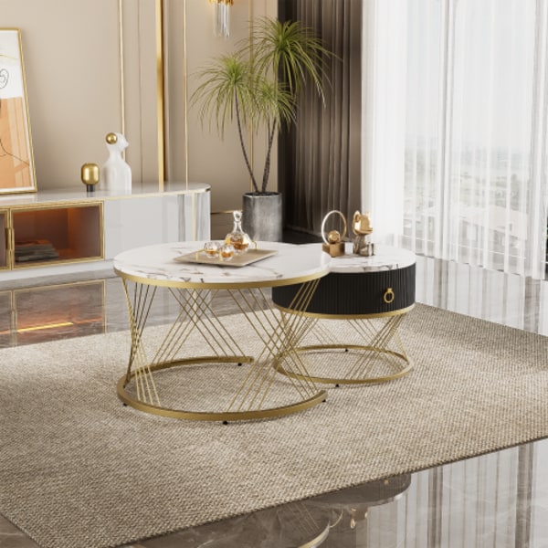 Elegant soffbord: marmoroptik, gulddekor, sidobord med lådor – set om 2 White