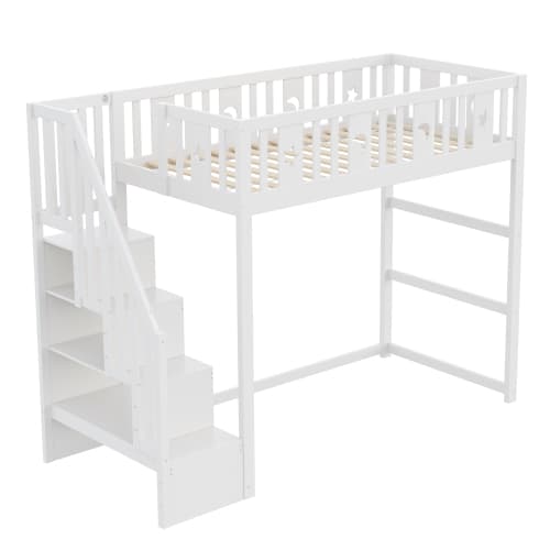 Vit våningssäng 90x200 cm för barn - massivt trä högsäng med trappor, säkerhetsräcken & stjärn-måne dekor White
