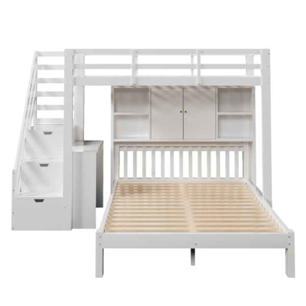 våningssäng med hylla, 90*200cm+140*200cm, multifunktionell säng, dagbädd för barn, med förvaringsstege och flyttbart sidobord White