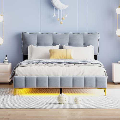 Modern stoppad säng 160×200 cm med LED | Grå sammet | Höga metallfötter Gray