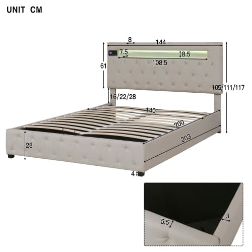 Dubbelsäng 140x200 cm – Med USB, Bluetooth & LED – säng med förvaringsutrymme Beige