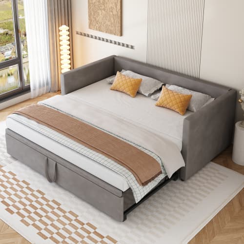 Grå utdragbar bäddsoffa 90-180x200 cm - multifunktionell säng med ribbotten & sammetsöverdrag Gray