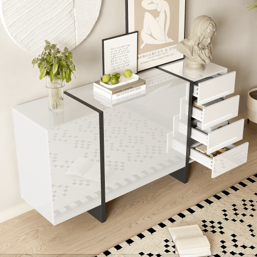Högblank vit skänk (2 dörrar + 4 lådor) – enkel inredning i modern design – lättskött White+Black