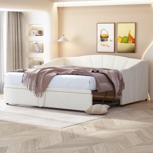 Multifunktionell bäddsoffa 90/180×200 cm | Beige sammet | Med ribbotten Beige