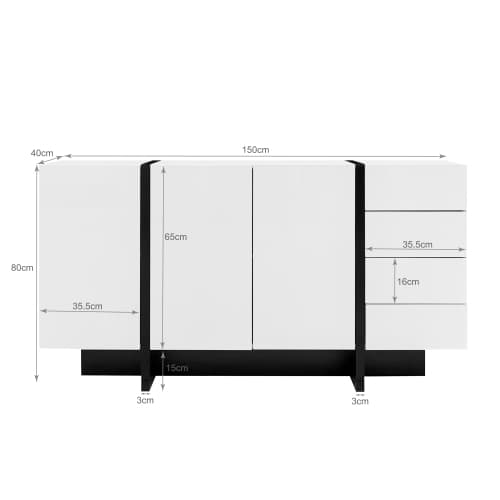 Högblank vit skänk (2 dörrar + 4 lådor) – enkel inredning i modern design – lättskött White+Black
