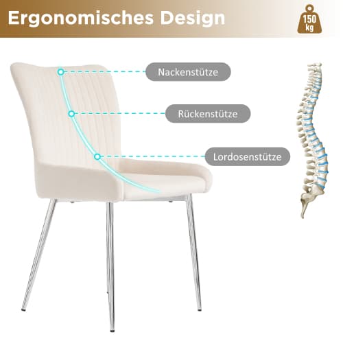 Sammetsmatstol, 2-pack, lyxig, vardagsrum, sovrum, loungestol med fyra silverfärgade metallben Beige