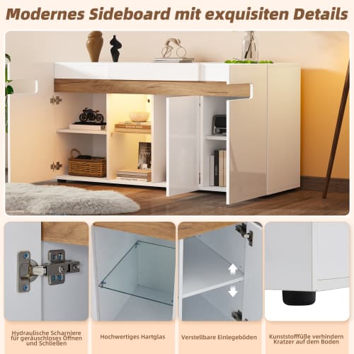 Modern 3-dörrars skänk 140x40x70 cm - Med LED-appstyrning, högblank vit & glasgolv, vardagsrumsskåp White