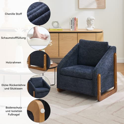 Blå Chenille loungestol med armstöd & kuddar i trä – modern accentstol för vardagsrum, 73,5 cm Blue