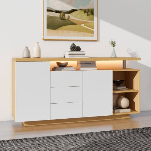 Modern skänk i vit/trägolv – 140 cm längd med LED-belysning & mångsidigt förvaringsutrymme White