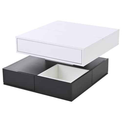Sofa bord 70x70 cm med 360° roterende top & 3 skuffer - dobbeltlagsdesign, hvid/sort White+Black