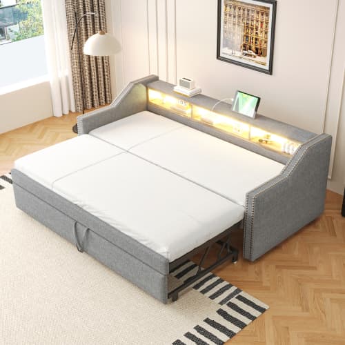 Modern bäddsoffa ljusgrå - 90/180x190 cm med LED, USB & förvaringsutrymme (utdragbar, sängbord inkl.) Light Gray