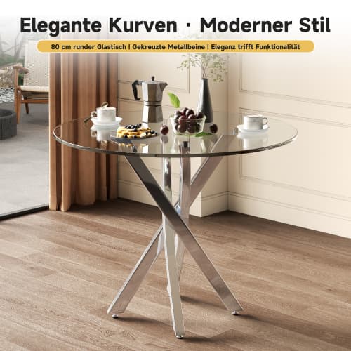 Runt matbord 80x80 cm - Härdat glas & galvaniserade ben, modernt fritidsbord, silver silver