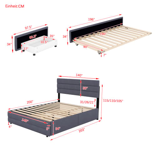 Grå 140x200 plattformssäng – Med 2 lådor & platsmaskin för maximal komfort Grey