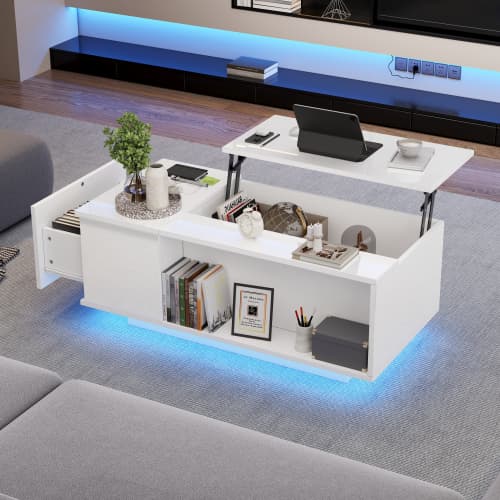 Höj- och sänkbart soffbord vitt (100x50x40cm) - med LED-ljus, låda & dolt förvaringsutrymme White