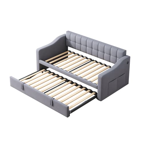 Seng polstret sovesofa 2-i-1 (90x180cm) Grå – fløjl med stik & opbevaringstaske, multifunktionelle møbler Gray