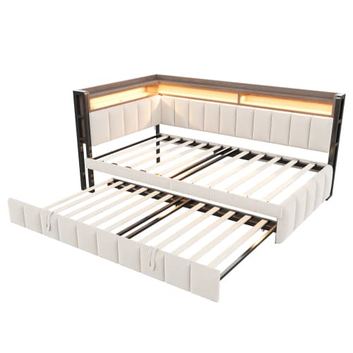 Modern bäddsoffa med USB-C & LED-belysning, utdragbar säng 90x200cm med förvaringsfack, sammetstyg i beige Beige