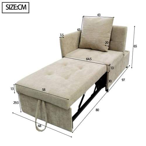 Seng polstret sovesofa 3-i-1 – linned med justerbart ryglæn, multifunktionel sovesofa til små rum (140x200cm) Beige