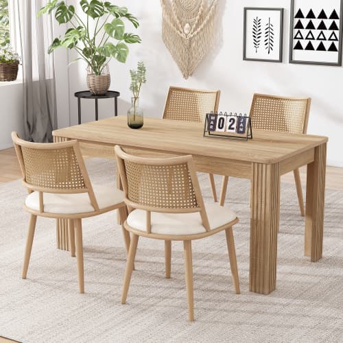 Fåtölj med rottingrygg och PU-sits, beige vardagsrumsstol för sovrum och vardagsrum Beige