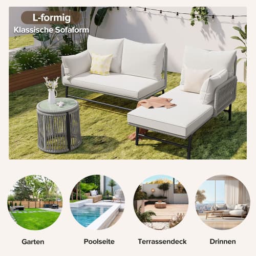 Modern trädgårdsloungegrupp i grått vajerrep – komplett set med järnram (2 fåtöljer + 2 soffor + 2 bord inkl. kuddar) White