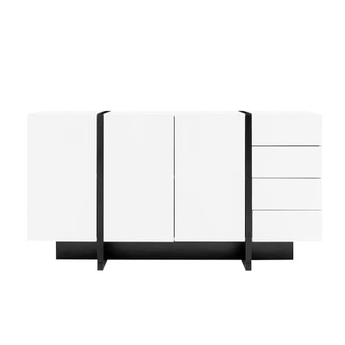 Högblank vit skänk (2 dörrar + 4 lådor) – enkel inredning i modern design – lättskött White+Black
