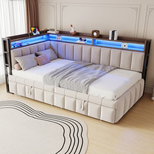 Modern bäddsoffa med USB-C & LED-belysning, utdragbar säng 90x200cm med förvaringsfack, sammetstyg i beige Beige