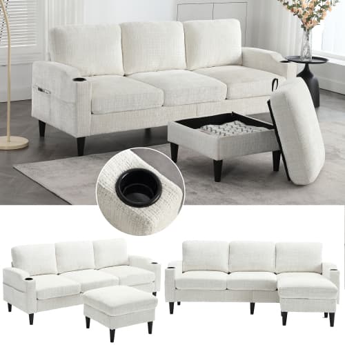 Elegant 4-sits soffa med pall & förvaring – sammetsöverdrag & praktiska funktioner Beige