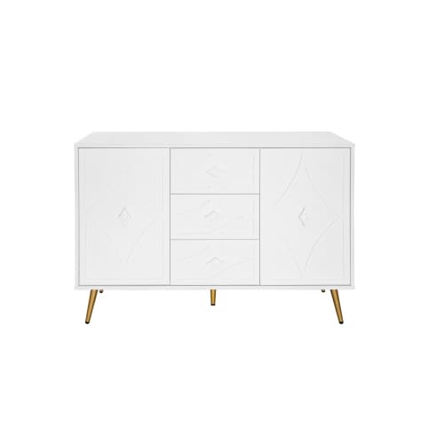 Kommode med diamantmønster og guldfødder, 3 skuffer og 2 døre, 120x80cm, hvid, elegant design til flere rum White