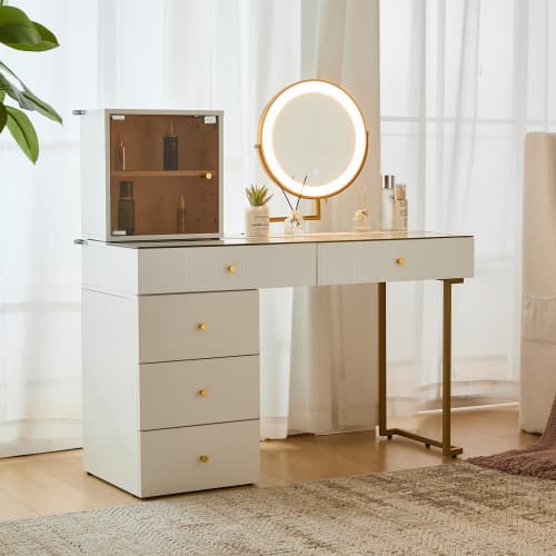 Elegant sminkbord med LED-belysning, härdat glas, inklusive skåp, modernt set, vit White