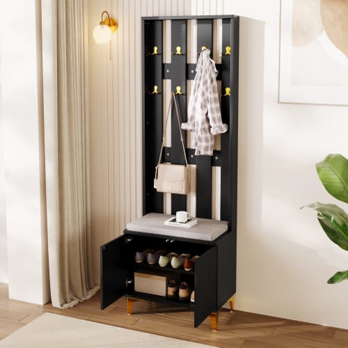 Modern garderobsset (skobänk + kudde) med krokfront – stilrent & platsbesparande Black