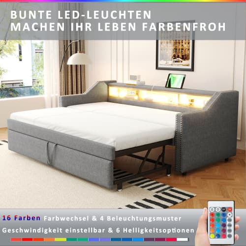 Modern bäddsoffa ljusgrå - 90/180x190 cm med LED, USB & förvaringsutrymme (utdragbar, sängbord inkl.) Light Gray