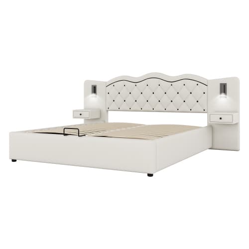 180x200cm Premium säng beige - Med hydraulisk säng & USB - vadderad sänggavel + 2 lampor Beige