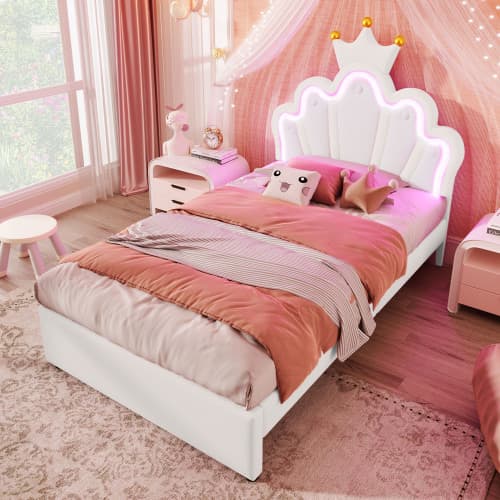 Vit Princess Spjälsäng 90x200 cm med LED & Låda | PU-överdrag White