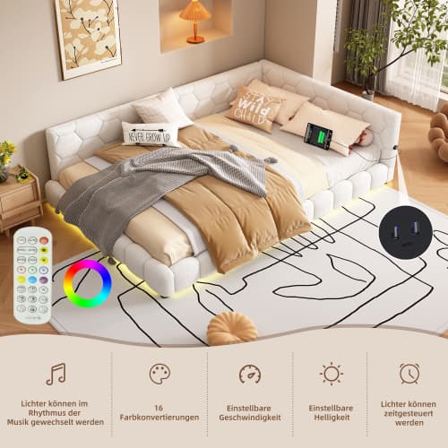 Vit säng 140x200 cm med LED-belysning & USB-anslutningar | Vliesimitat White