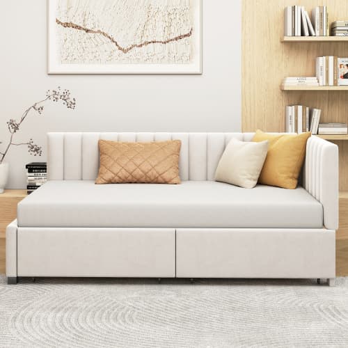Soffa säng 90x200 cm - multifunktionell säng med 2 lådor & sängbord (sömmaterial) Beige