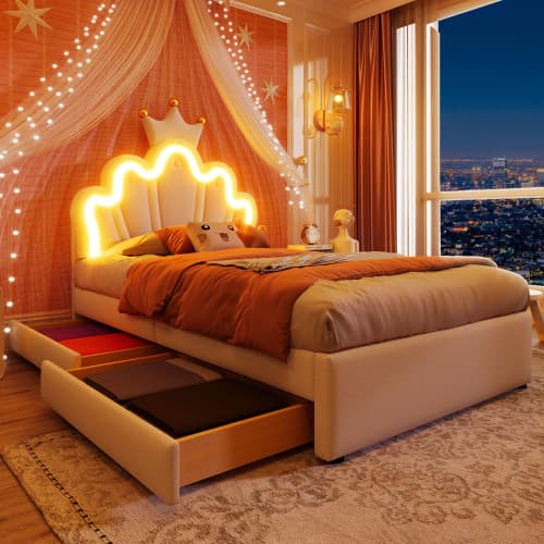 Vit Princess Spjälsäng 90x200 cm med LED & Låda | PU-överdrag White