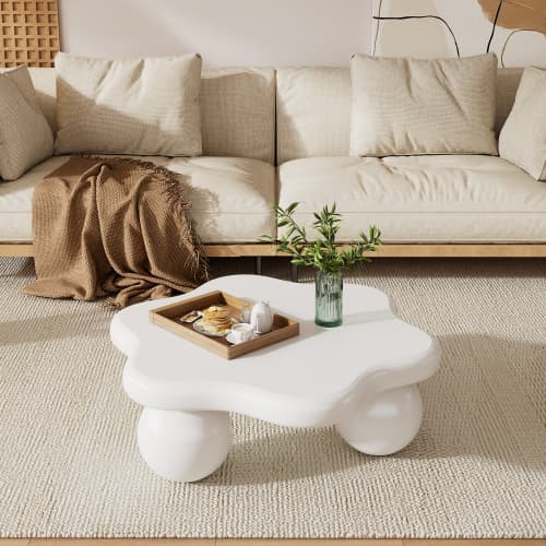 Krämvit blom-soffbordsbord 80cm – Romantiskt soffbord i blomform | Vardagsrumsbord med lekfull design White