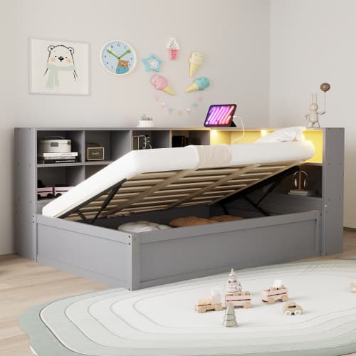 Sovesofa 90x200 cm med hydraulisk seng & multiple stik, massiv træseng med LED lysbjælke og opbevaringsområder, grå Gray