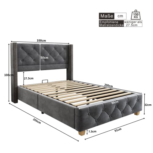Grå sammetsklädd säng 90x200 cm – Med sänggavel, knapp- & nitdesign, träben & sängram Grey