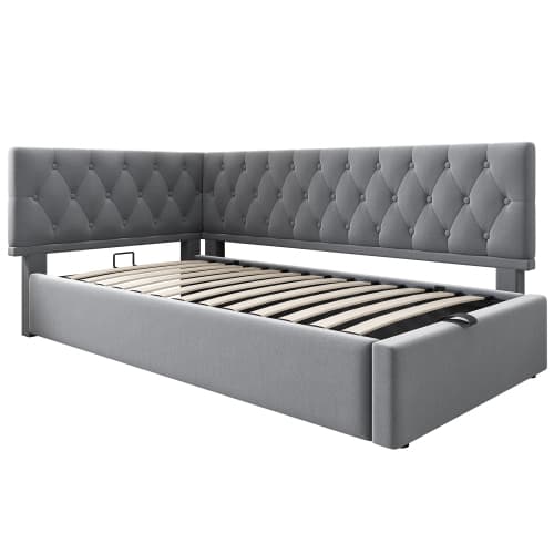 Polstret seng 90x190 cm med hydraulisk opbevaring - daybed med lamelbund, fløjlsgrå, uden madras Gray