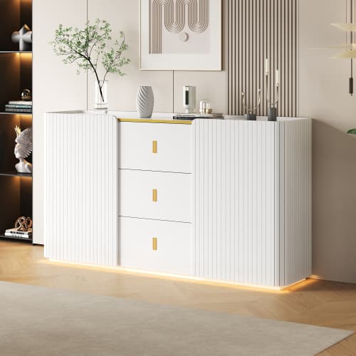 LED Skænk 150 cm Bred Med 2 Døre & 2 Skuffer, Multifunktionel Kommode & Highboard Med Belysning White