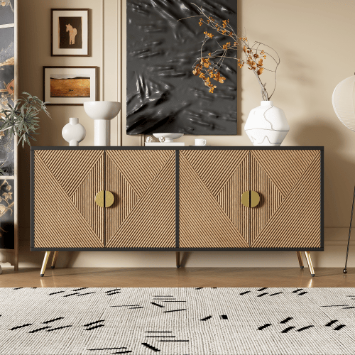 Skænk 160 cm med 4 døre, børstede guldhåndtag & højblanke fødder Oak