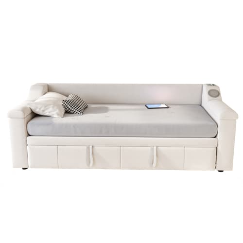 Smart bäddsoffa med klädsel 90/180×190 cm | Beige sammet | Med Bluetooth-ljud & USB Beige