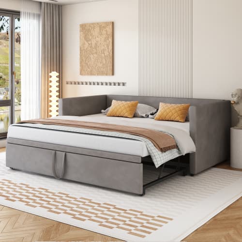Grå utdragbar bäddsoffa 90-180x200 cm - multifunktionell säng med ribbotten & sammetsöverdrag Gray