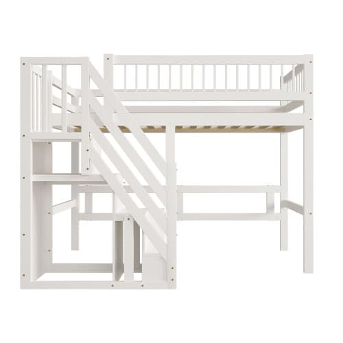 Solid træseng 90x200cm hvid med trappe & opbevaring - højseng som tremmeseng/ungdomsseng, robust massiv træramme, højt design White